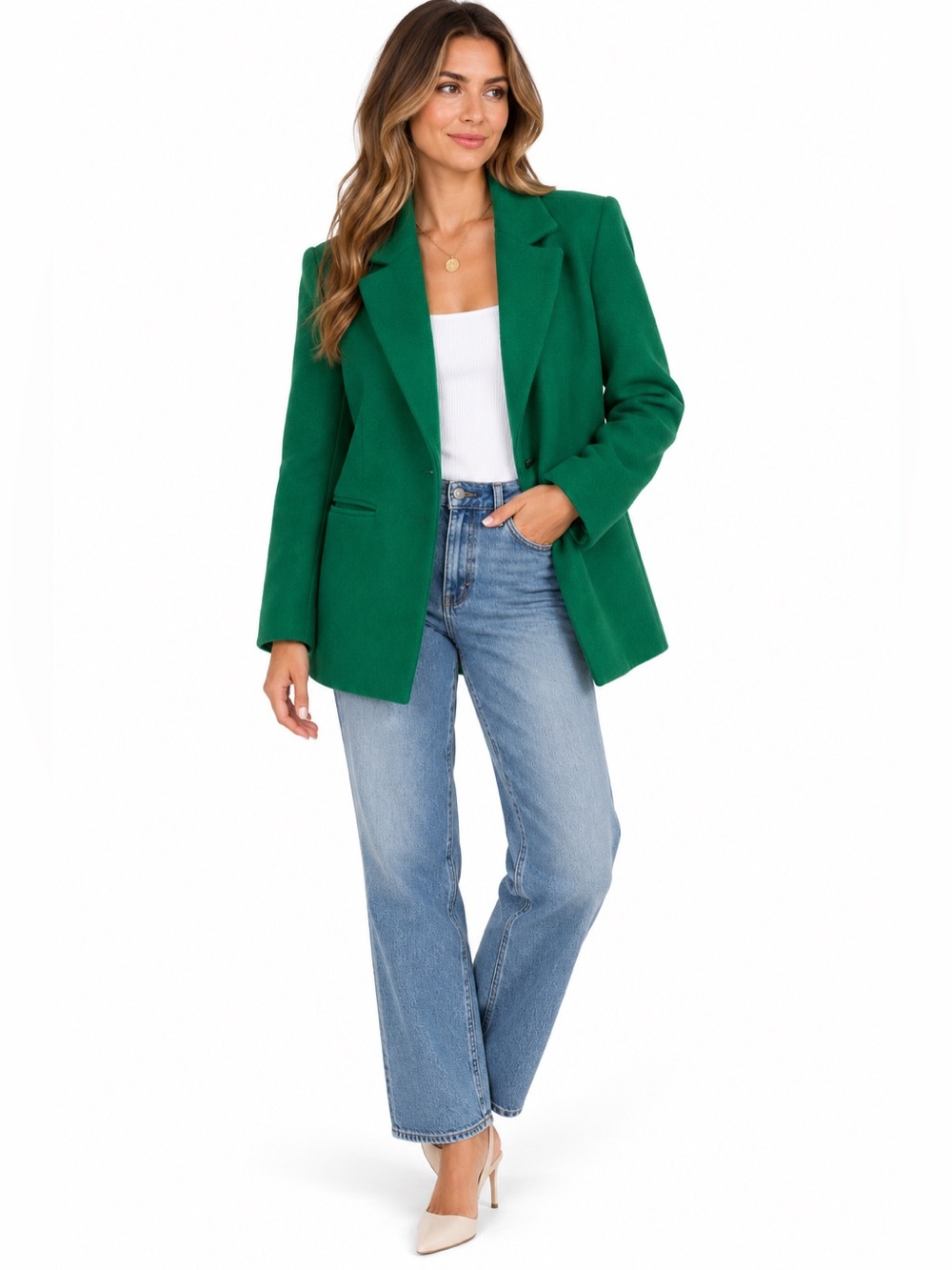 Avec Les Filles Women’s Medium Emerald Green Longline Blazer Jacket Tailored 29”